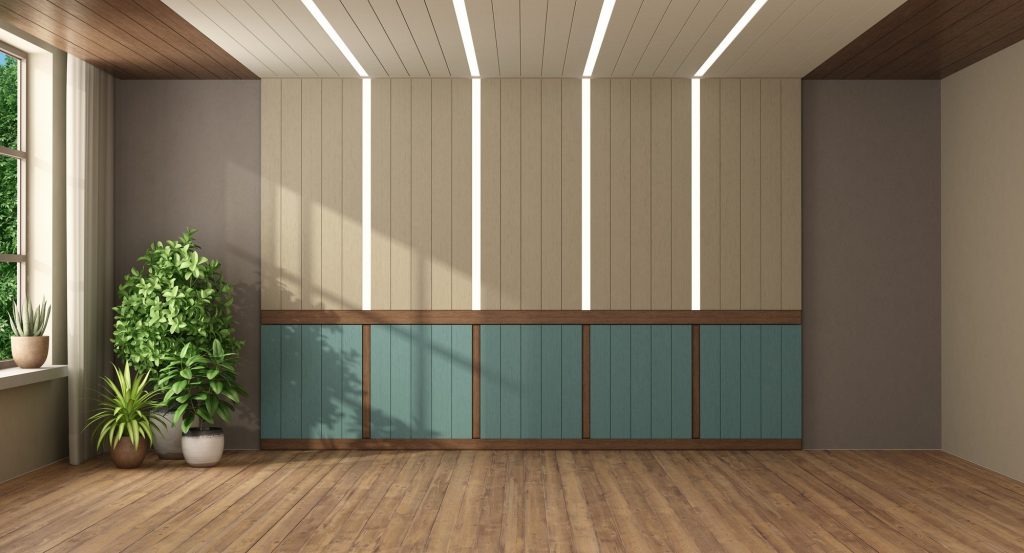 Empty room with wooden paneling with led light
